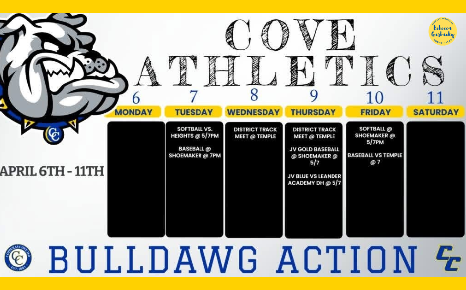 A graphical chart displaying the days of the week and the various games played on each day. A clipart of the Copperas Cove ISD Bulldawg in the top-left corner.  Text in post body. 