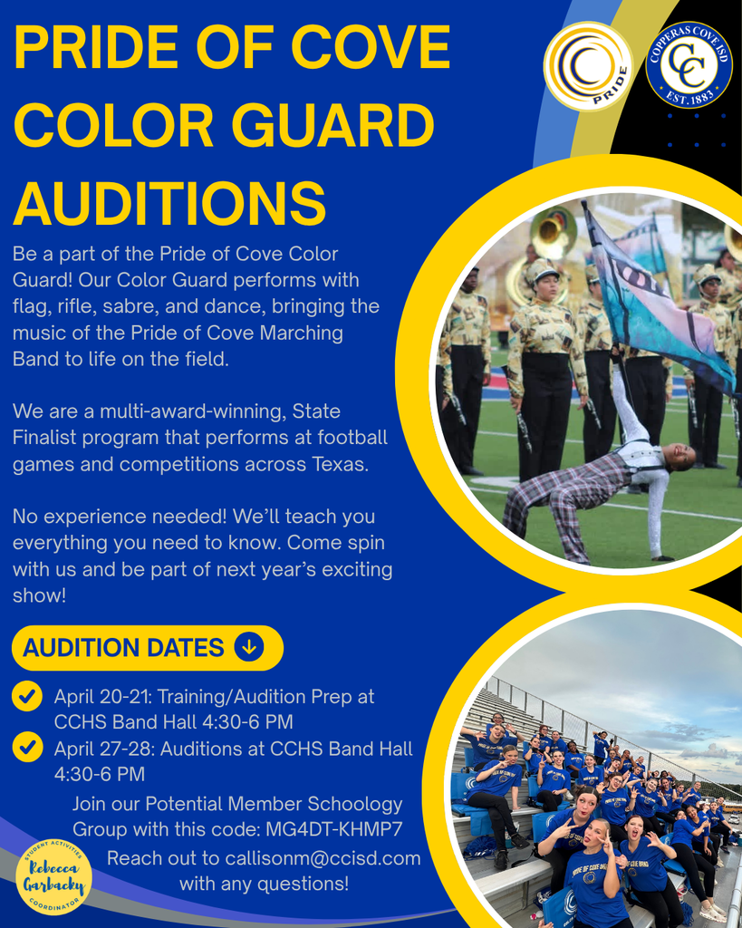 A graphic design with pictures of the Copperas Cove High School Color Guard.  Text in post body.  