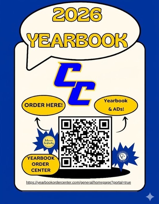 A graphical clipart advertisement for the Copperas Cove High School yearbook. There is a QR code in the center along with Copperas Cove ISD logos. Text in post body.