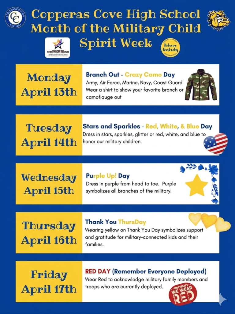 A graphical flyer with clipart representing the dress attire for each day of MONTH OF THE MILITARY CHILD week. Text in post body. 