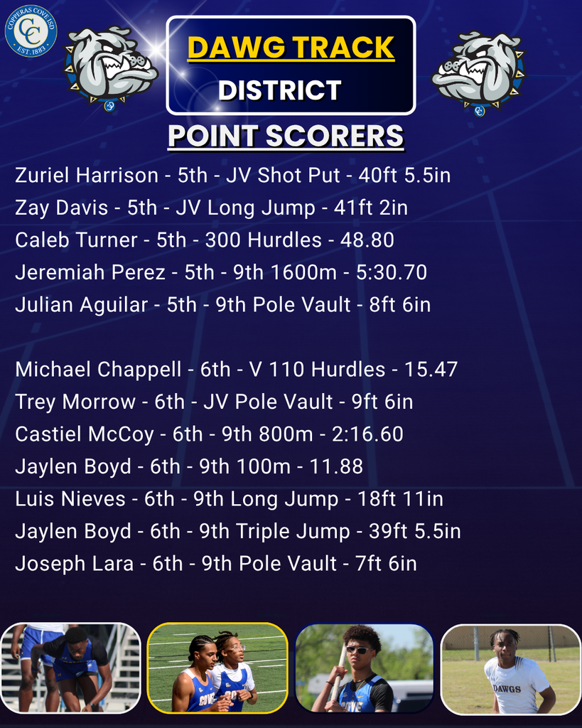 Zuriel Harrison - 5th - JV Shot Put - 40ft 5.5in Zay Davis - 5th - JV Long Jump - 41ft 2in Caleb Turner - 5th - 300 Hurdles - 48.80 Jeremiah Perez - 5th - 9th 1600m - 5:30.70 Julian Aguilar - 5th - 9th Pole Vault - 8ft 6in Michael Chappell - 6th - V 110 Hurdles - 15.47 Trey Morrow - 6th - JV Pole Vault - 9ft 6in Castiel McCoy - 6th - 9th 800m - 2:16.60 Jaylen Boyd - 6th - 9th 100m - 11.88 Luis Nieves - 6th - 9th Long Jump - 18ft 11in Jaylen Boyd - 6th - 9th Triple Jump - 39ft 5.5in Joseph Lara - 6th - 9th Pole Vault - 7ft 6in