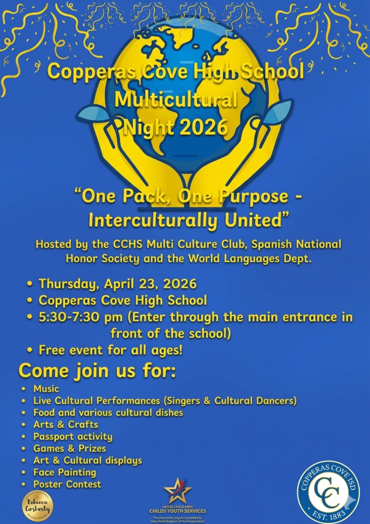 A flyer for Copperas Cove High School Multicultural Night. Flyer includes clipart of a hand holding the Earth. Text in post body.