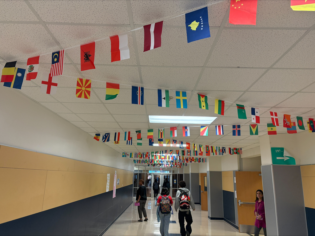 A picture of the Copperas Cove High School hallway decorated with flags from around the world.