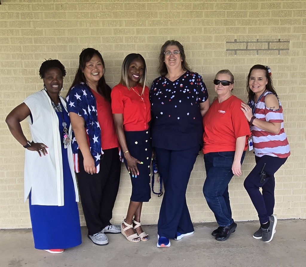 Staff in red, white and blue