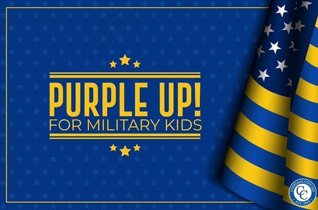 A graphic design with the United States flag in Copperas Cove ISD Blue and Gold colors. Reads: PURPLE UP! FOR MILITARY KIDS!