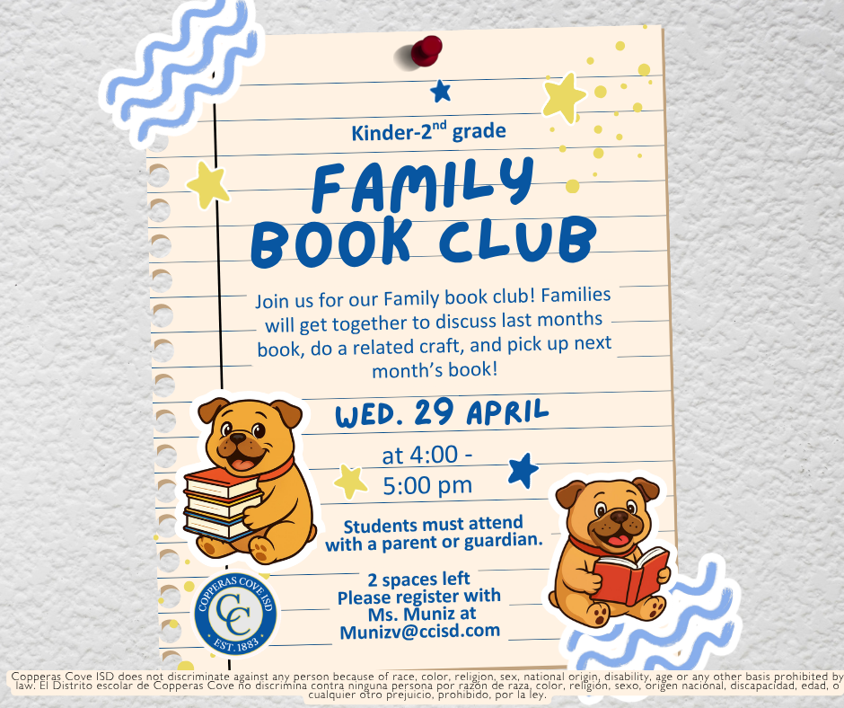 Kg- 2  Family Book Club flyer with CCISD logo details in caption