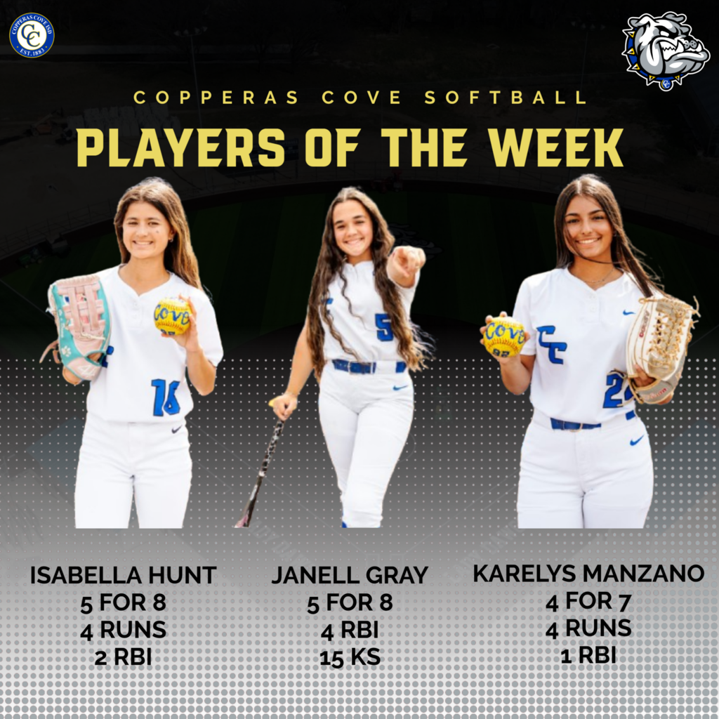 copperas cove softball players of the week isabella hunt 5 for 8 4 runs 2 rbi, janell gray 5 for 8 4 rbi 15 K's, karelys manzano 4 for 7 4 runs 1 rbi
