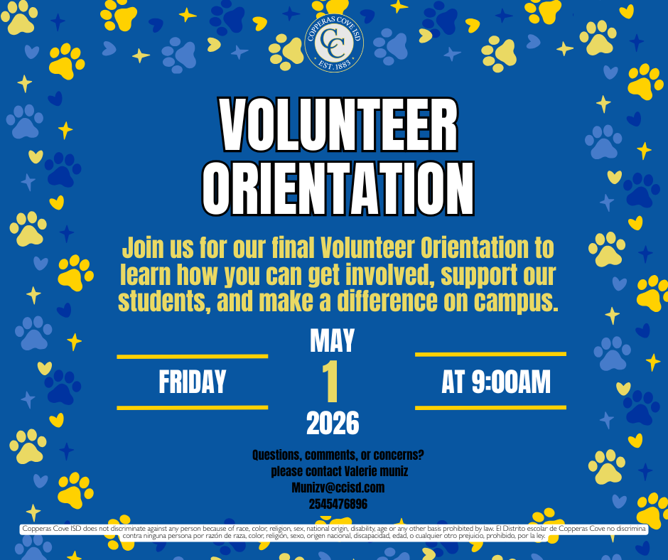 Volunteer Orientation - May 1 at 9am flyer with CCISD logo details in caption