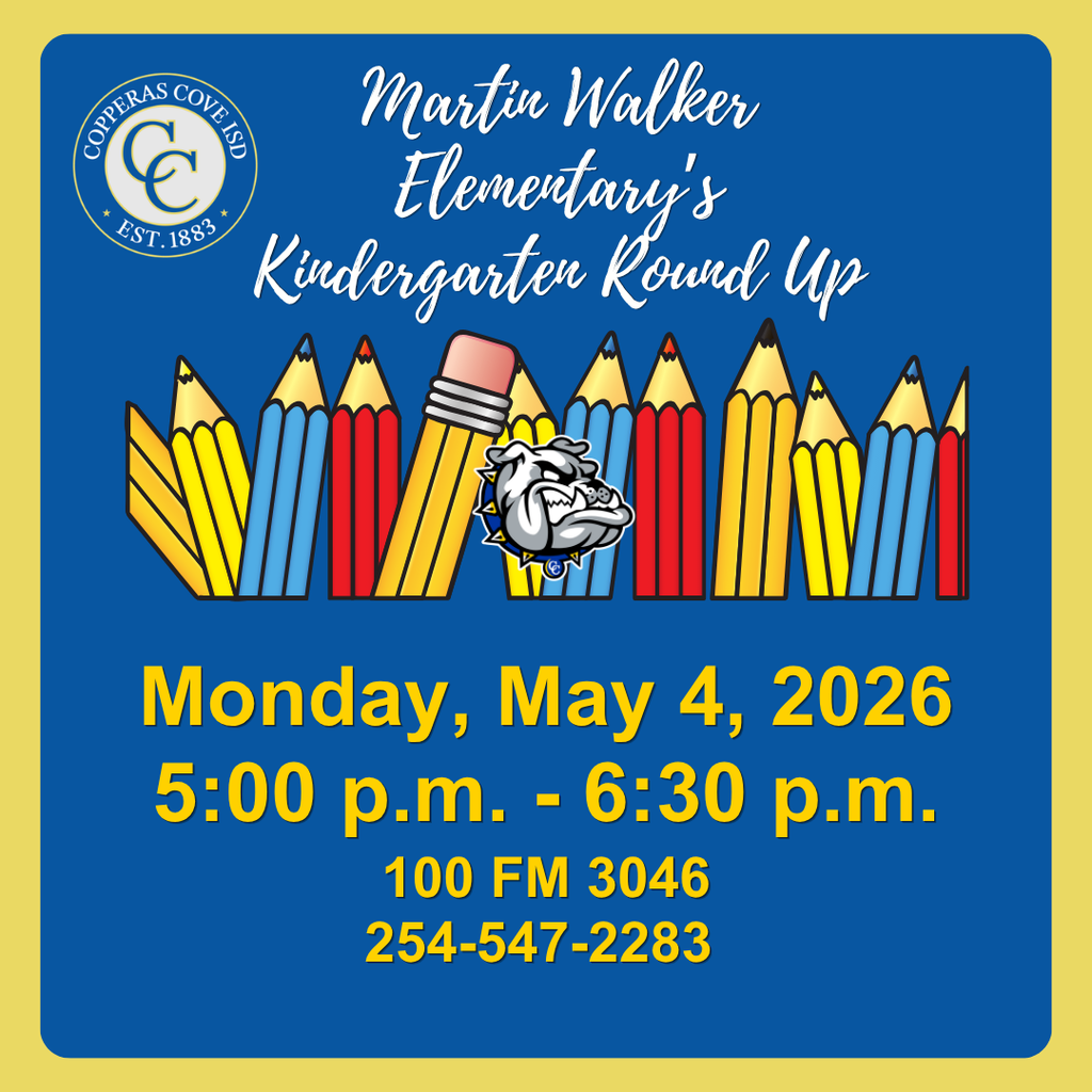 blue and gold graphic with ccisd seal and clip art of a line of pencils with bulldawg  logo in center. text in post