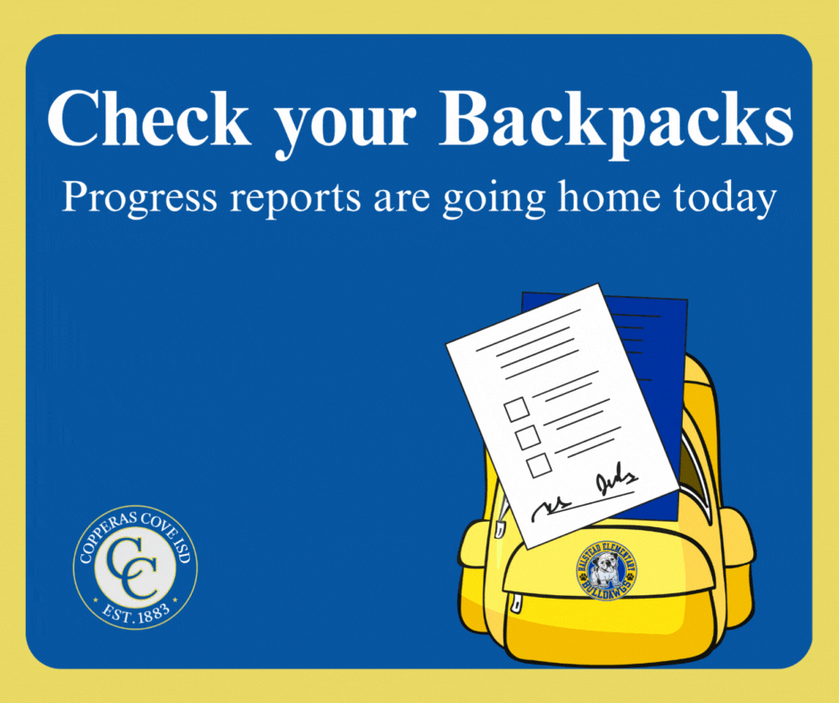 Check your backpack for progress reports GIF  with CCISD logo details in caption