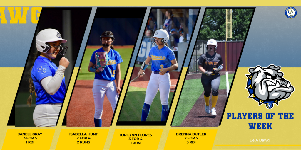 Players of the week janell gray 3 for 5 1 rbi, isabella hunt 2 for 4 2 runs, torilynn flores 3 for 4 1 run brenna butler 2 for 5 3 rbi