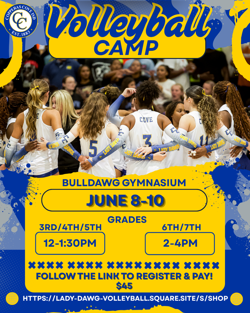 volleyball camp bulldawg gymnasium jun 8-10 grades 3-5 12-130 6-7 2-4 follow the link to regisar and pay 45