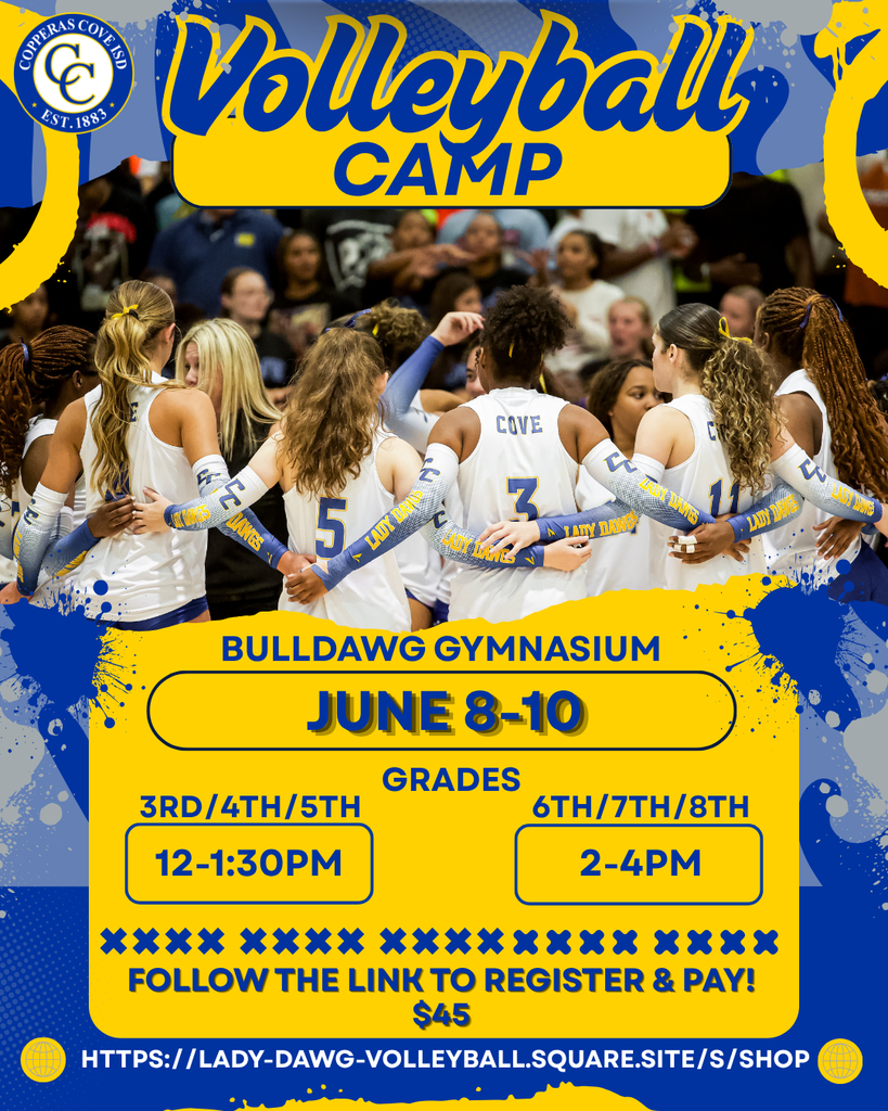 volleyball camp bulldawg gymnasium jun 8-10 grades 3-5 12-130 6-7 2-4 follow the link to regisar and pay 45