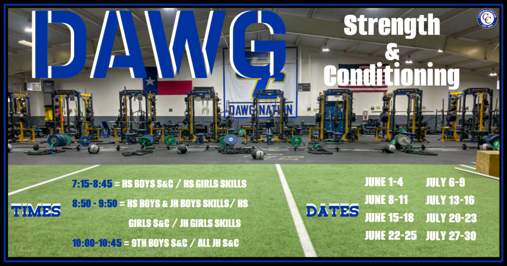 BULLDAWG SUMMER STRENGTH & CONDITIONING 2026  Week 1	June 1-4 Week 2	June 8-11 Week 3	June 15-18 Week 4	June 22-25 Closed week of June 29-July 4 Week 5	July 6-9 Week 6	July 13-16 Week 7	July 20-23 Week 8	July 27-30  Times: 7:15-8:45 = HS Boys S&C/HS Girls Skills 8:50-9:50 = HS Boys & JH Boys Skills/HS Girls S&C/JH Girls Skills 10-10:45 = 9th Boys S&C/JH Boys S&C