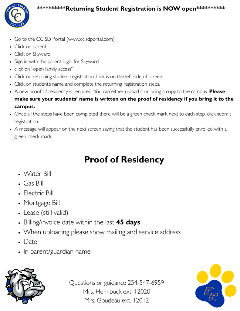 Registration Information- details in the post