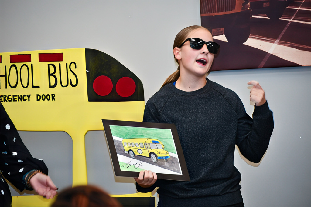 A student holding a work of art and discussing it