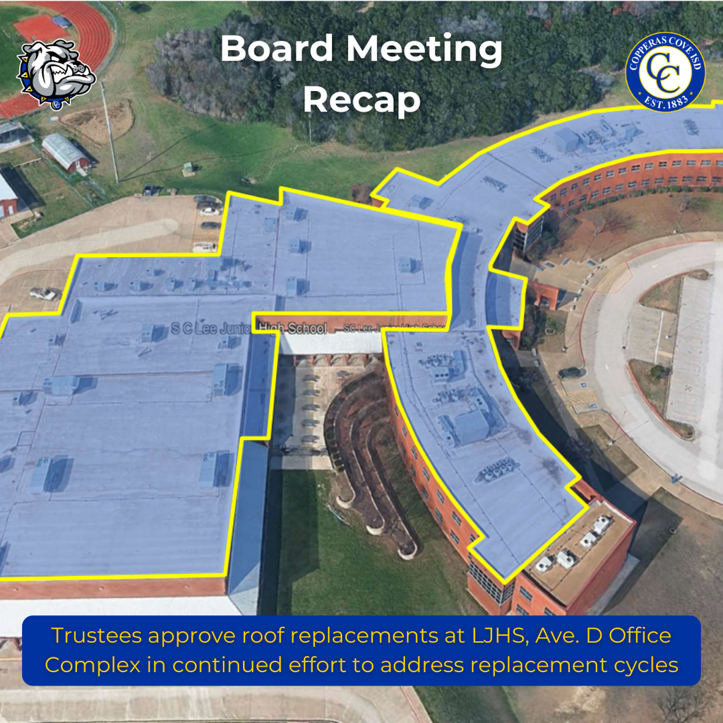 Graphic with CCISD logo, Bulldawg logo. Board Meeting Recap. Shows campus with roof highlighted. Trustees approve roof replacements at LJHS, Ave. D Office Complex in continued effort to address replacement cycles.