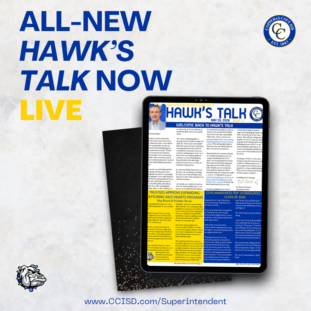 Graphic with CCISD logo, Bulldawg logo. All-new Hawk's Talk now live. Includes photo of first page of newsletter.