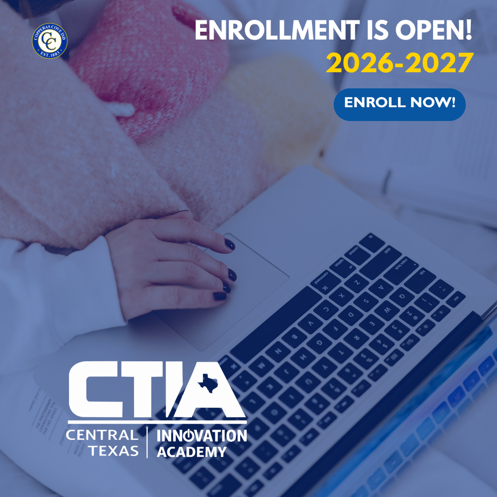 Graphic with CCISD logo. Enrollment is open 2026-2027. Enroll now! Includes Central Texas Innovation Academy logo