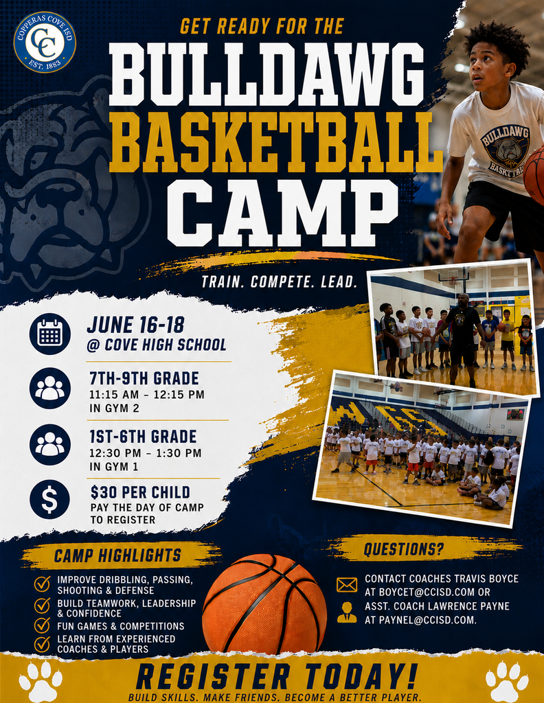 get ready for the bulldawg basketball camp train , compete leat june 16-18 7th -9th in gym 2. 1-6 gym one 30 per child. pay at the door