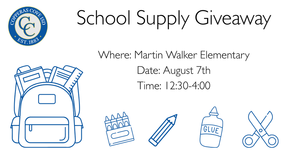 Blue and white graphic with ccisd seal and clipart of school supplies. text in post
