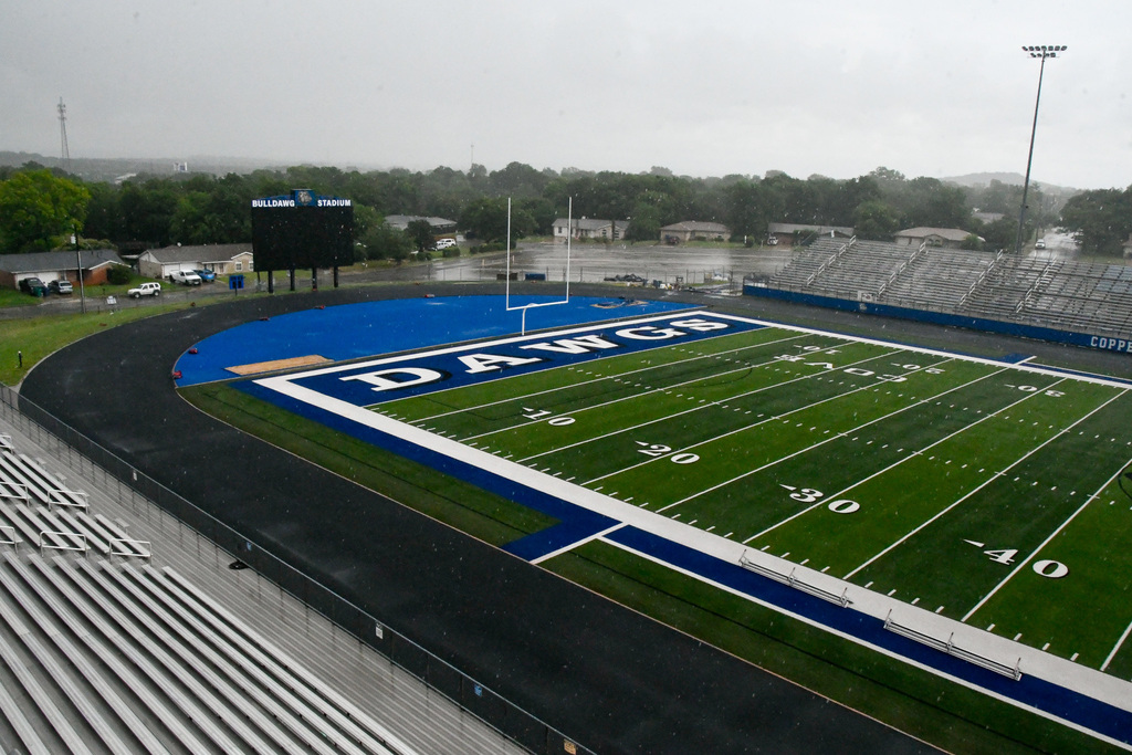 Blue jump pit in a stadium