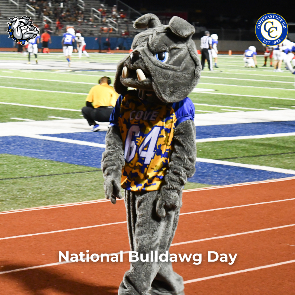 Graphic with CCISD logo, Bulldawg logo. National Bulldawg Day. Includes photo of Bulldawg mascot on track