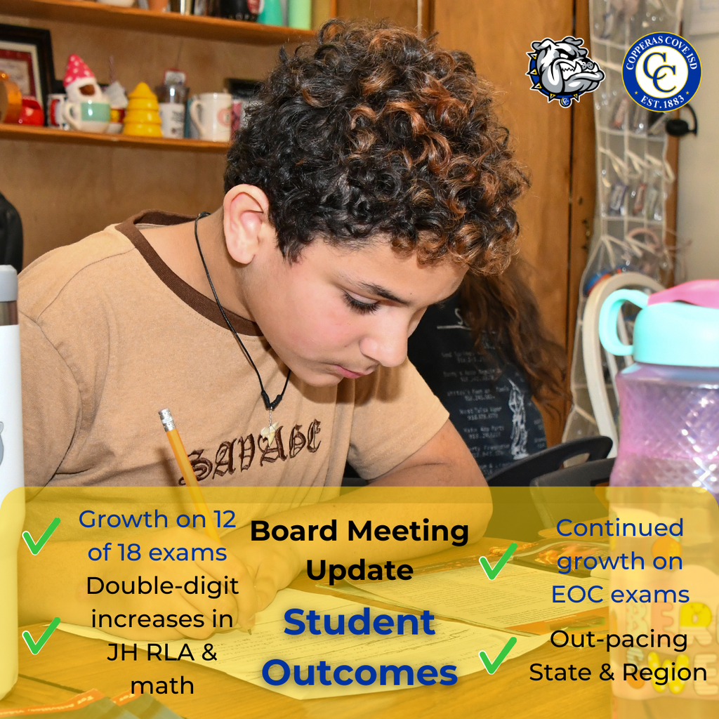 Graphic with CCISD logo, Bulldawg logo. Board Meeting Update. Student Outcomes. Growth on 12 of 18 exams. Double-digit increases in JH RLA & math. Continued growth on EOC exams. Out-pacing State & Region. Includes photo of student completing activity