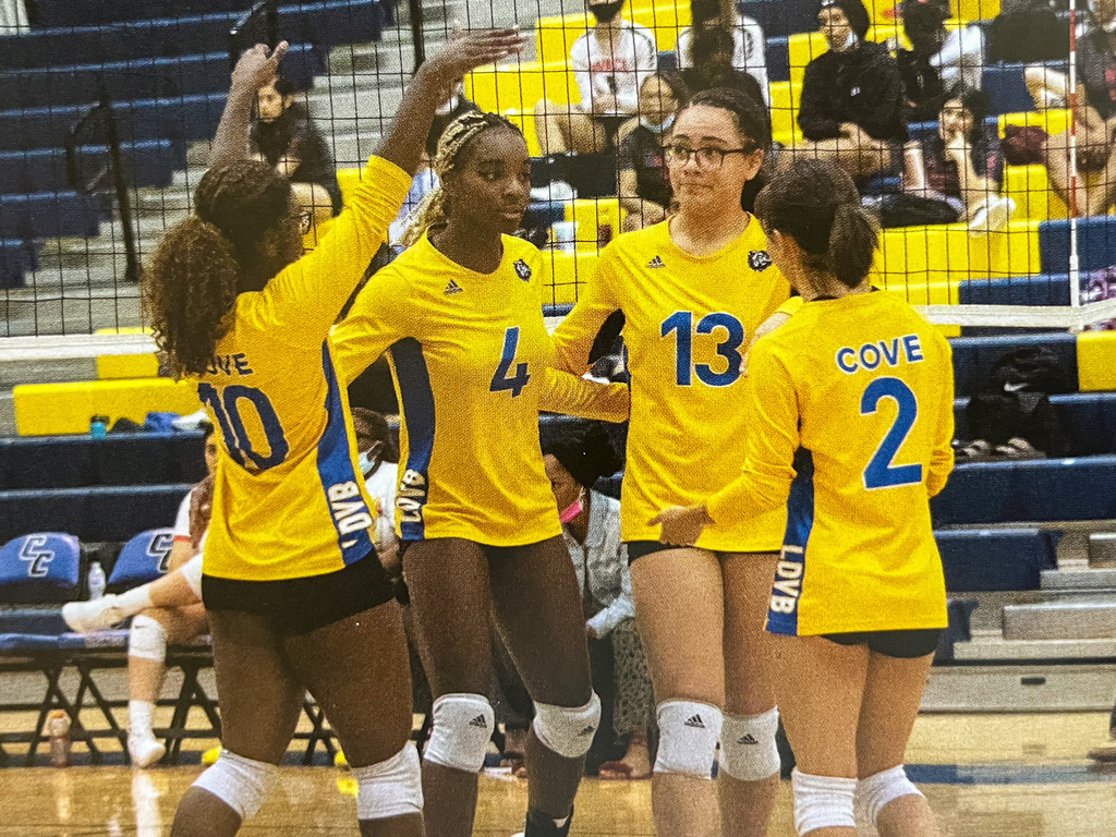 Volleyball players in a huddle