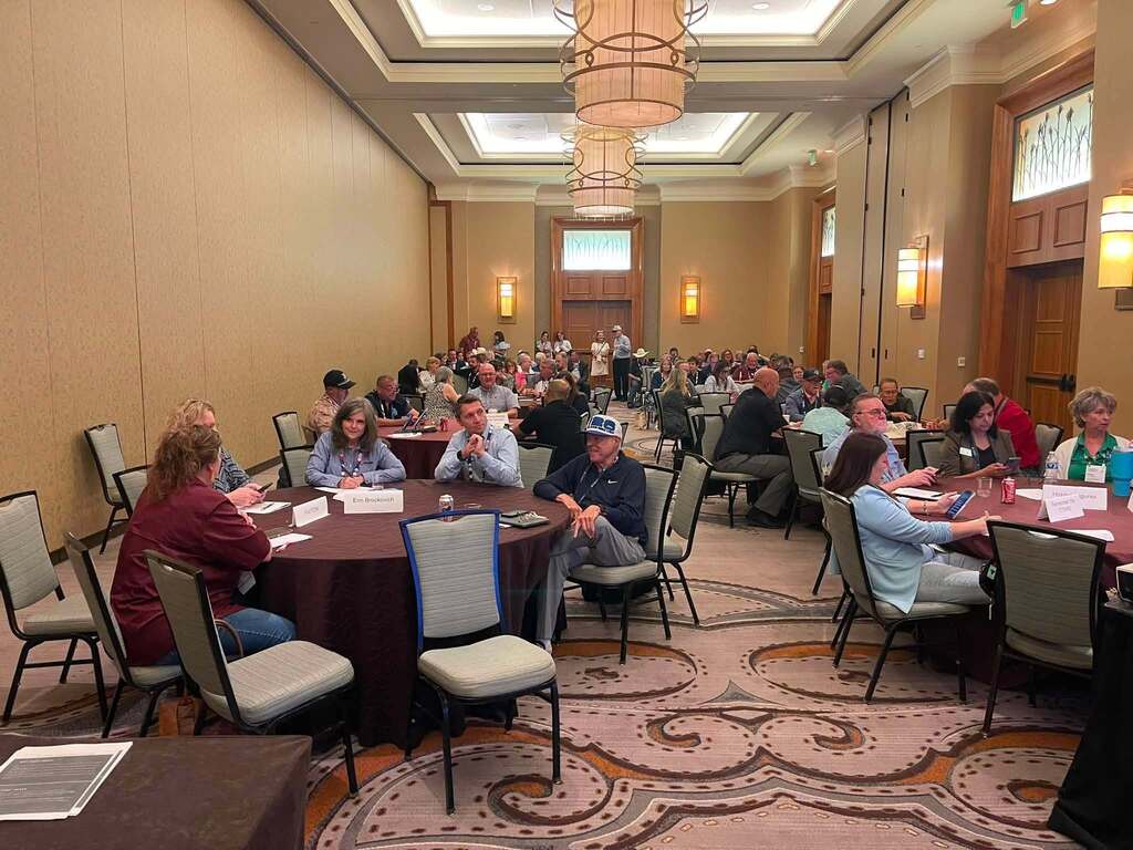 Hotel ballroom with people seated around tables