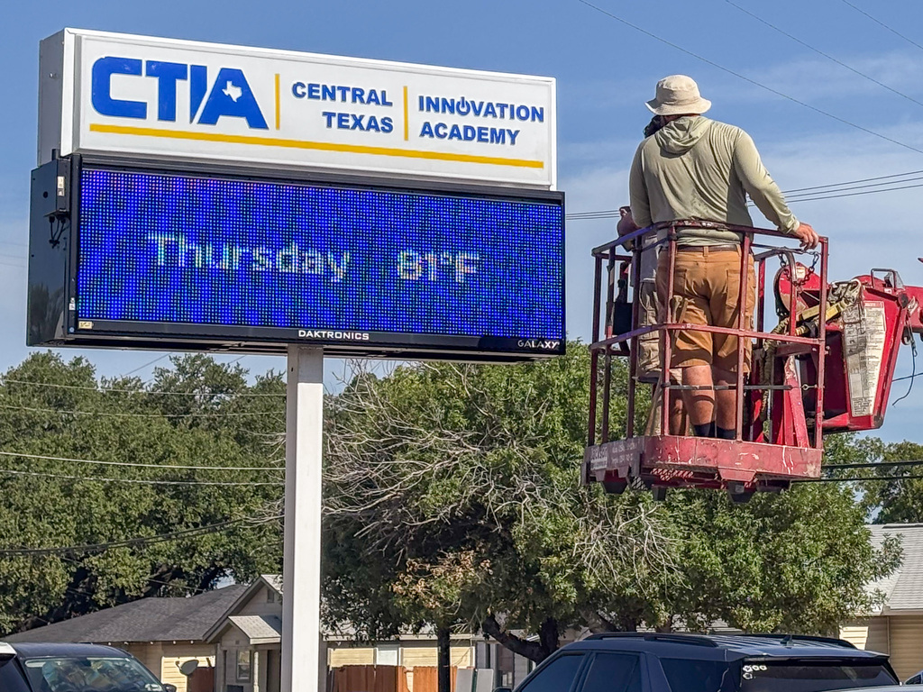 Contractors installing a new sign