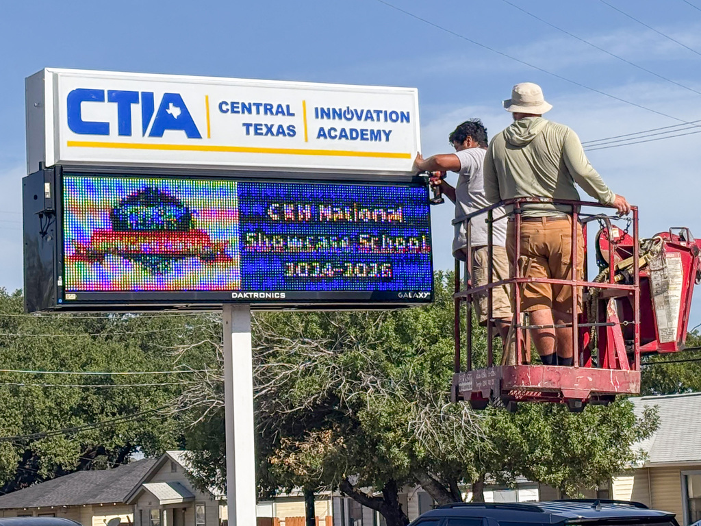 Contractors installing a new sign
