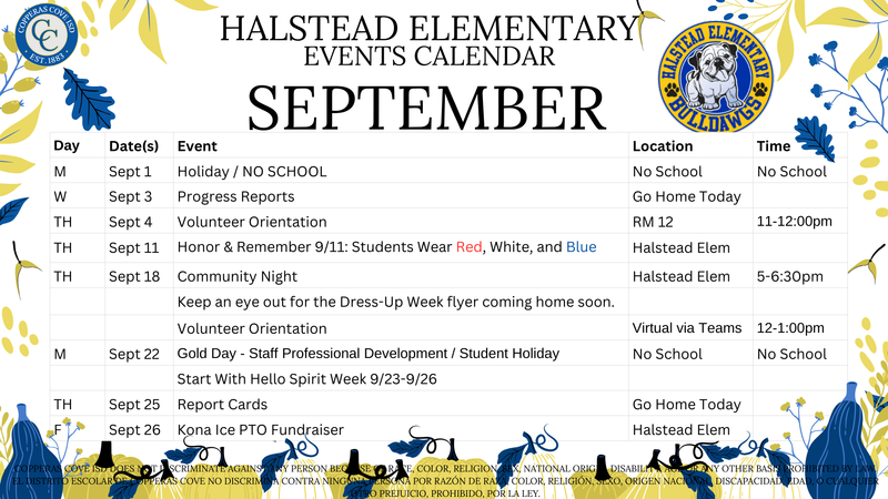 September 2025 calendar with CCISD logo. Events outlined in text above.