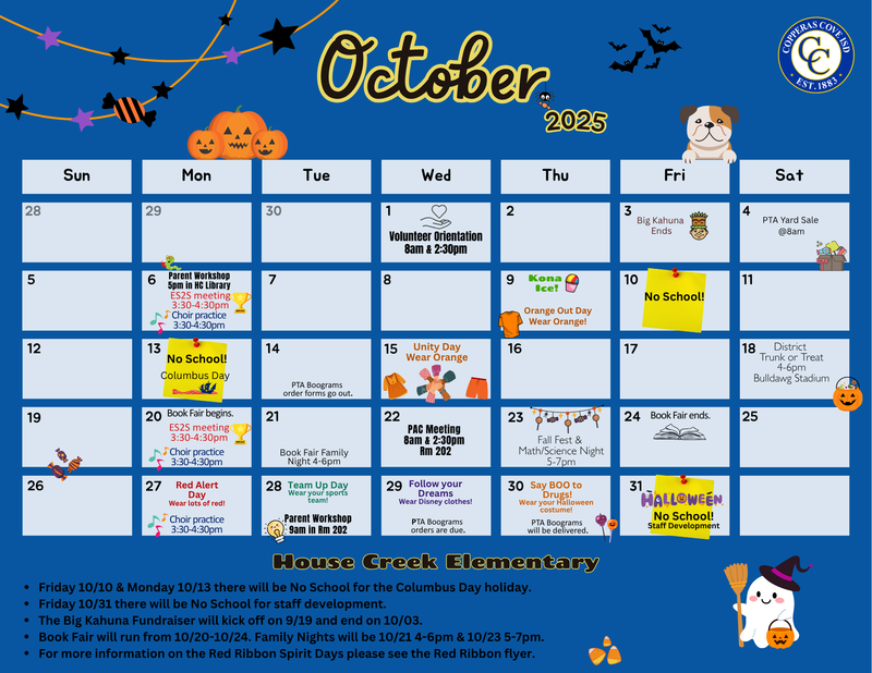 October calendar with CCISD logo. Details outlined in the text above. 