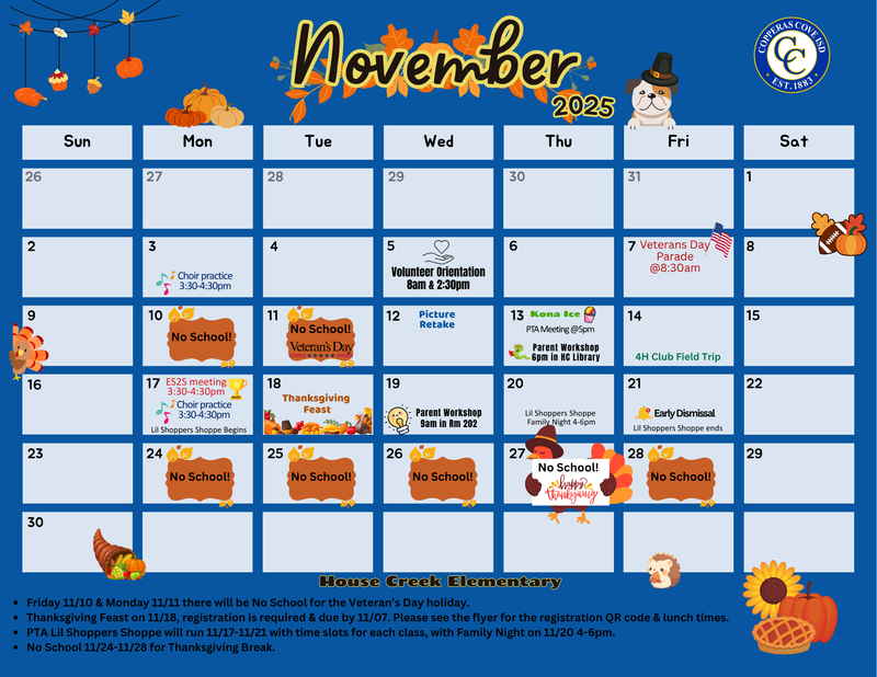 November 2025 Calendar with CCISD logo. Events outlined in the text above.