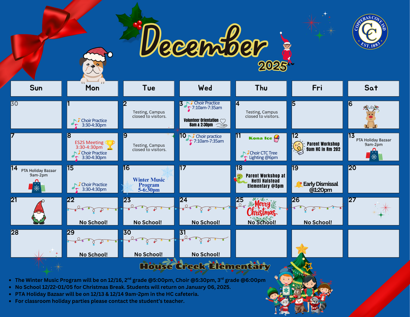 December Calendar with CCISD logo. Details outlined in the texted above.
