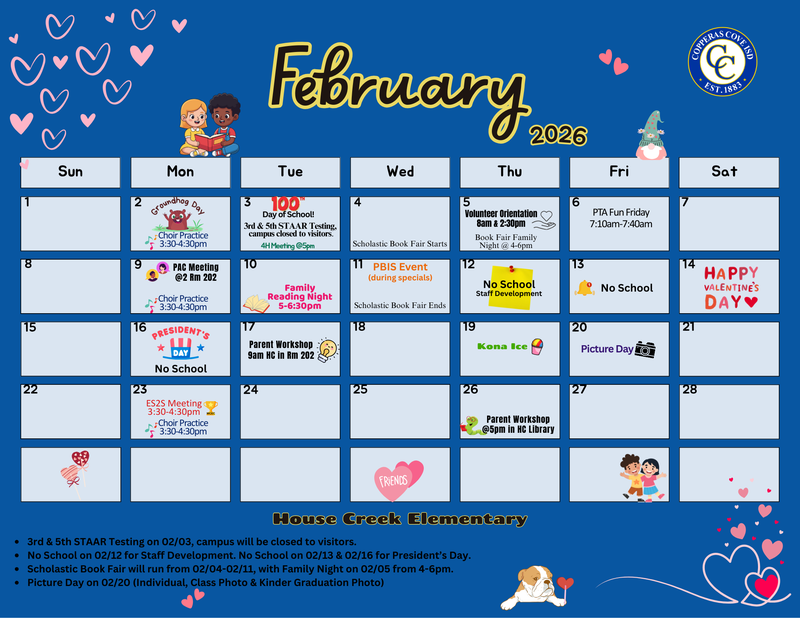 February Calendar with CCISD logo. Details outlined in text. 
