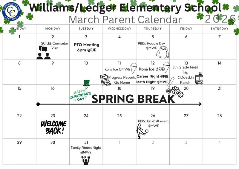 Williams/Ledger Elementary School March Parent Calendar 2026