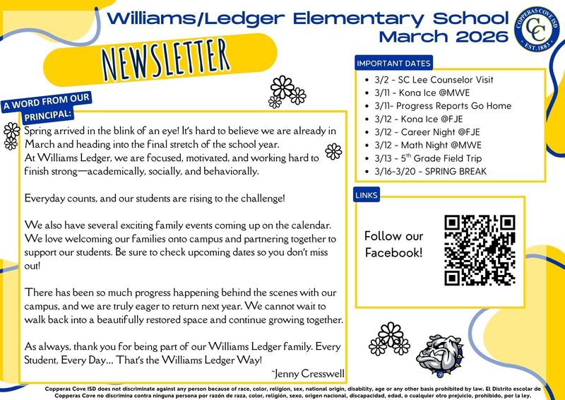 Williams/Ledger Elementary School March 2026 Newsletter
