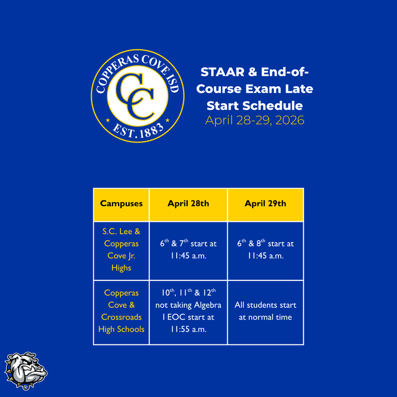 Graphic with CCISD logo showing delayed start times for April 28th-29th, 2026. Information on Graphic in article.