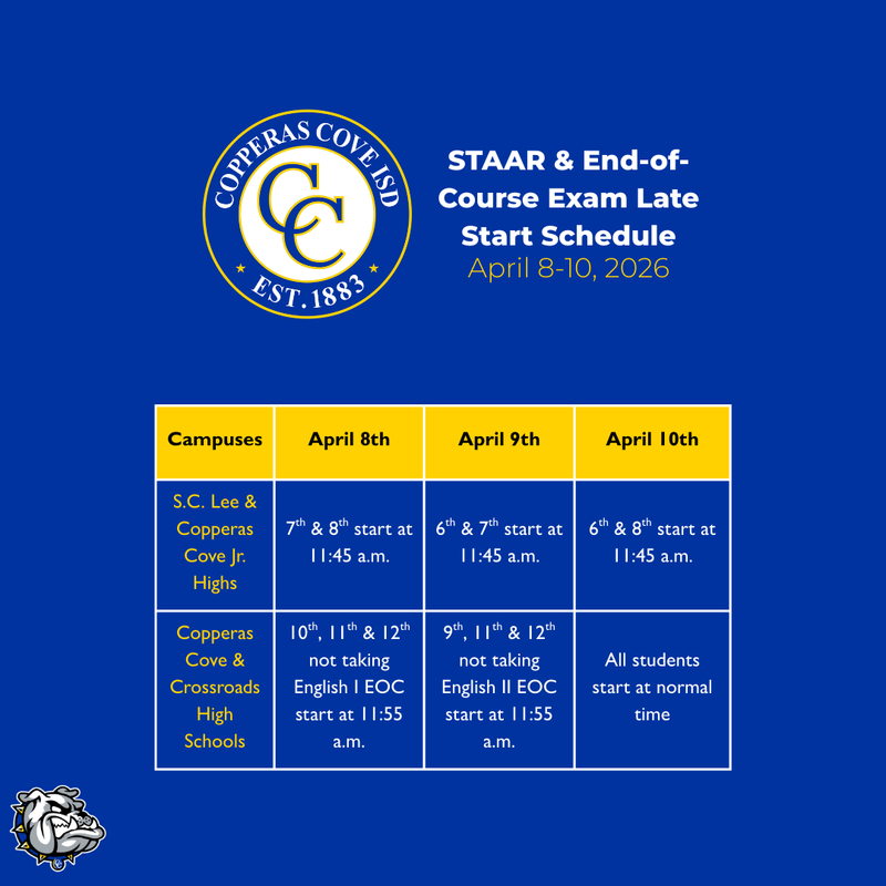 Graphic with CCISD logo showing delayed start times for April 8th-10th, 2026. Information on Graphic in article.