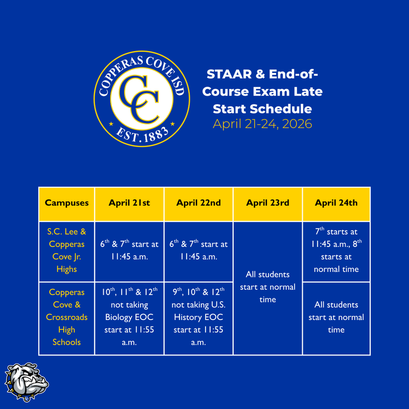 Graphic with CCISD logo showing delayed start times for April 21st-24th, 2026. Information on Graphic in article.