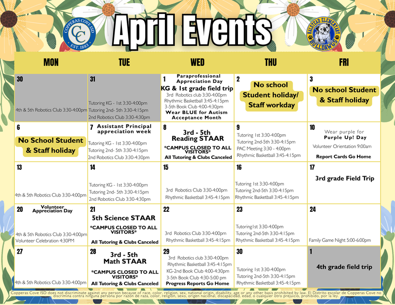 April Events calendar with CCISD logo details in caption