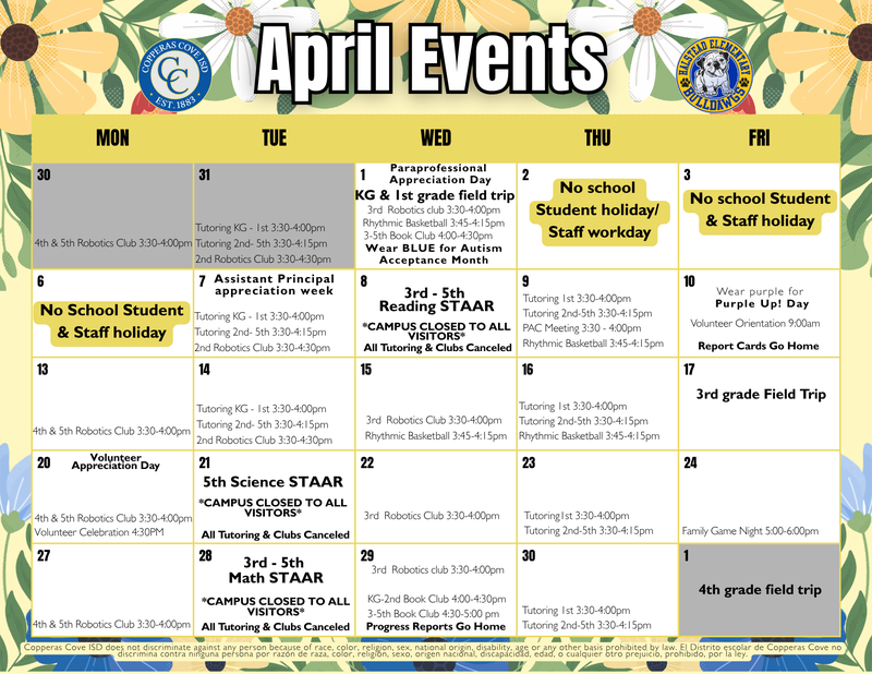 April Events calendar with CCISD logo details in caption