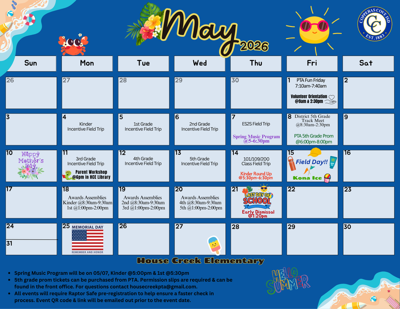May Calendar with CCISD logo. Details outlined in the text.