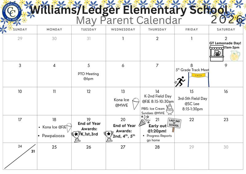 Williams/Ledger Elementary School May Parent Calendar 2026