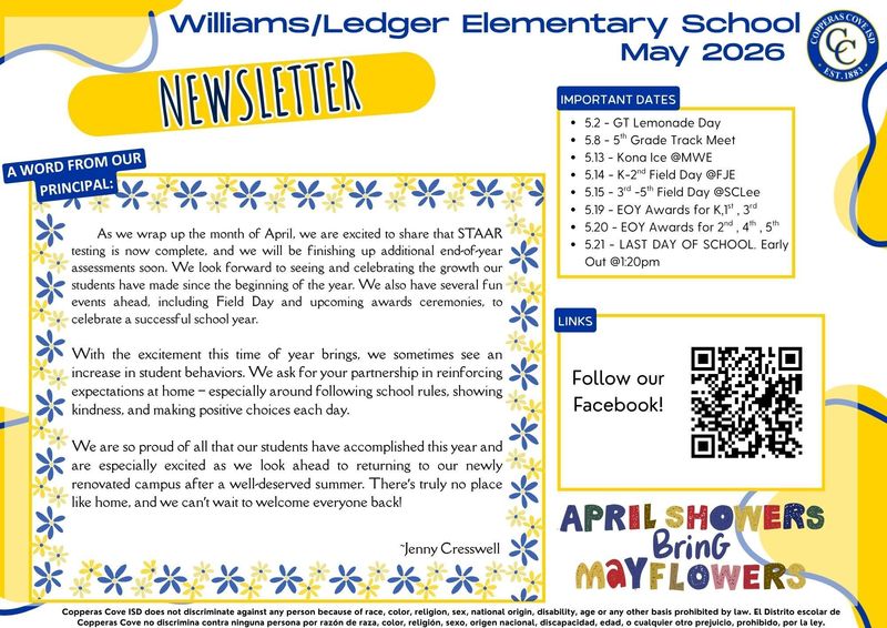 Williams/Ledger Elementary School May Newsletter 2026.