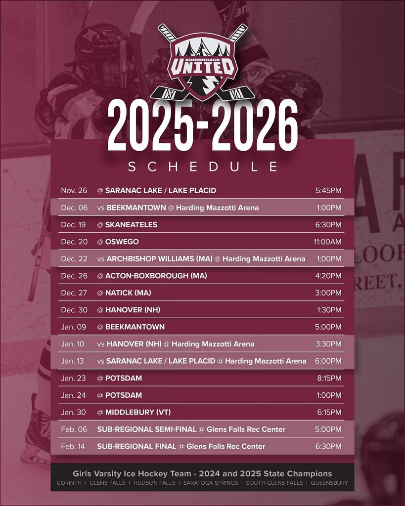 ADK United Girls Hockey Schedule
