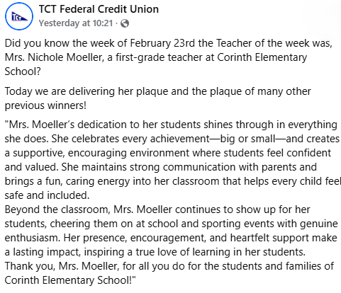 Teacher of the Week nomination for Mrs. Moeller