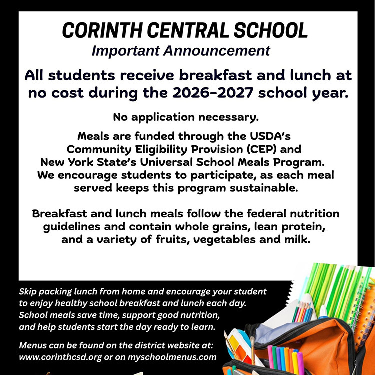 Corinth Central School announces free breakfast and lunch for all students for 2026-2027 school year